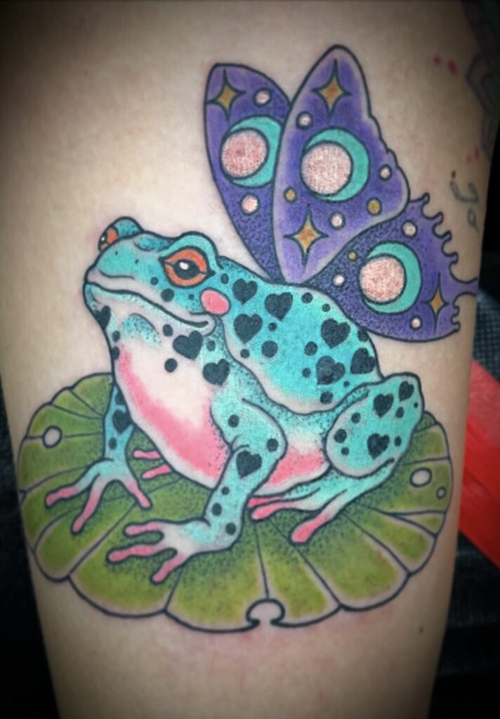Frog butterfly tattoo hearts stars teal purple Lilly pad bright color