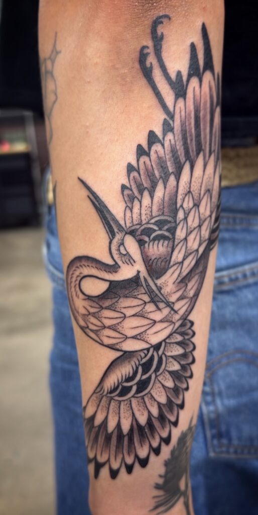 Japanese crane tattoo black and grad dot work
