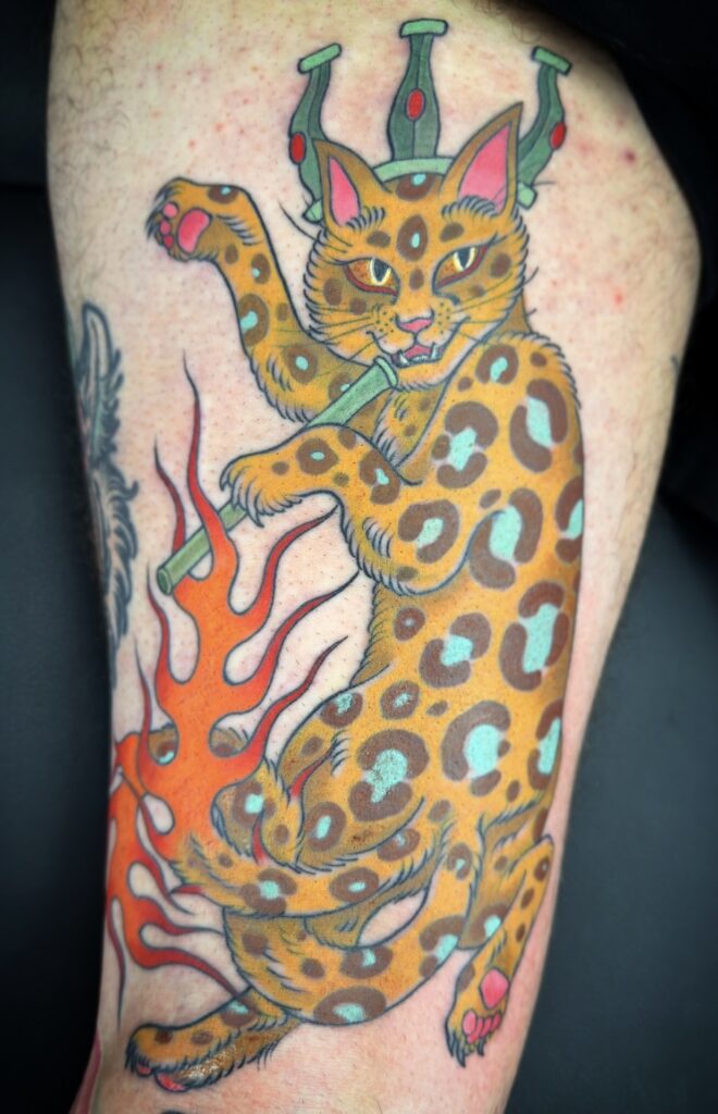 Japanese cat tattoo leopard yokai bright color