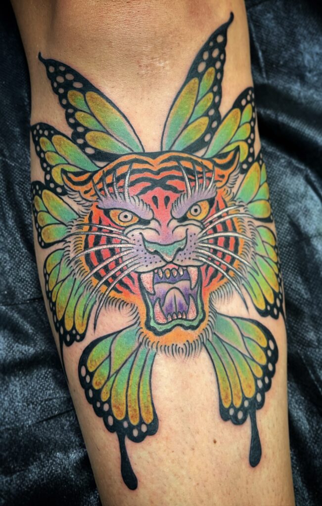 Tiger butterfly tattoo neon color