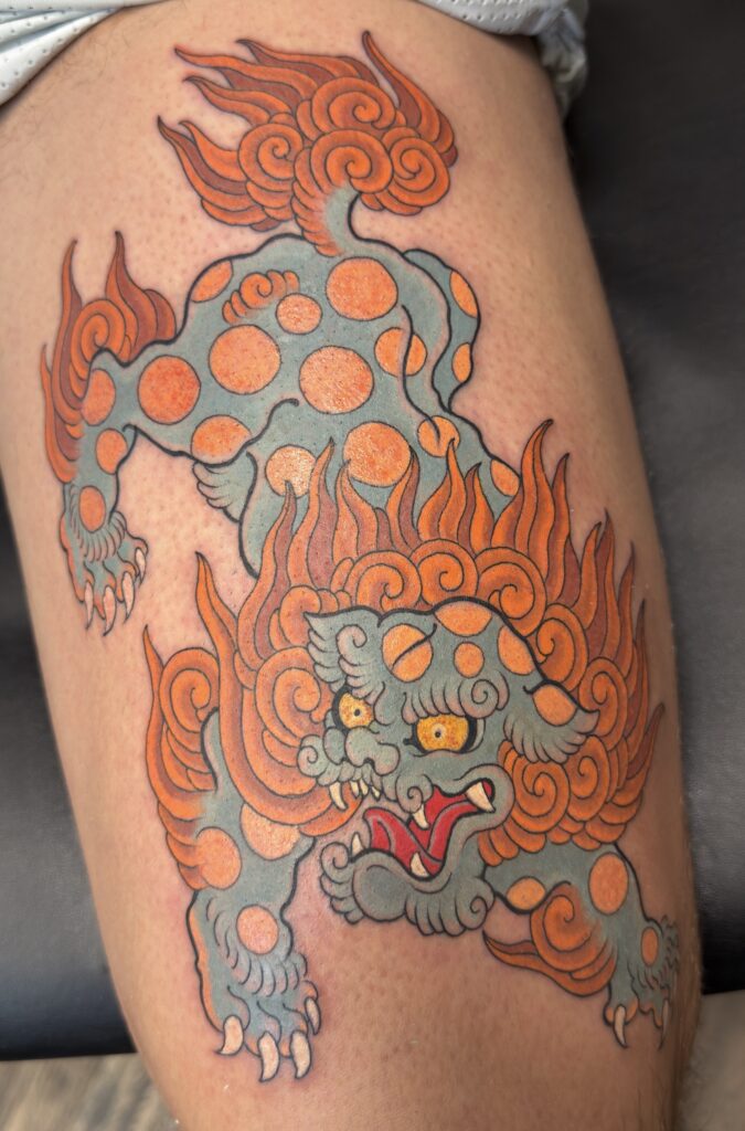 Japanese style foo dog tattoo unique color