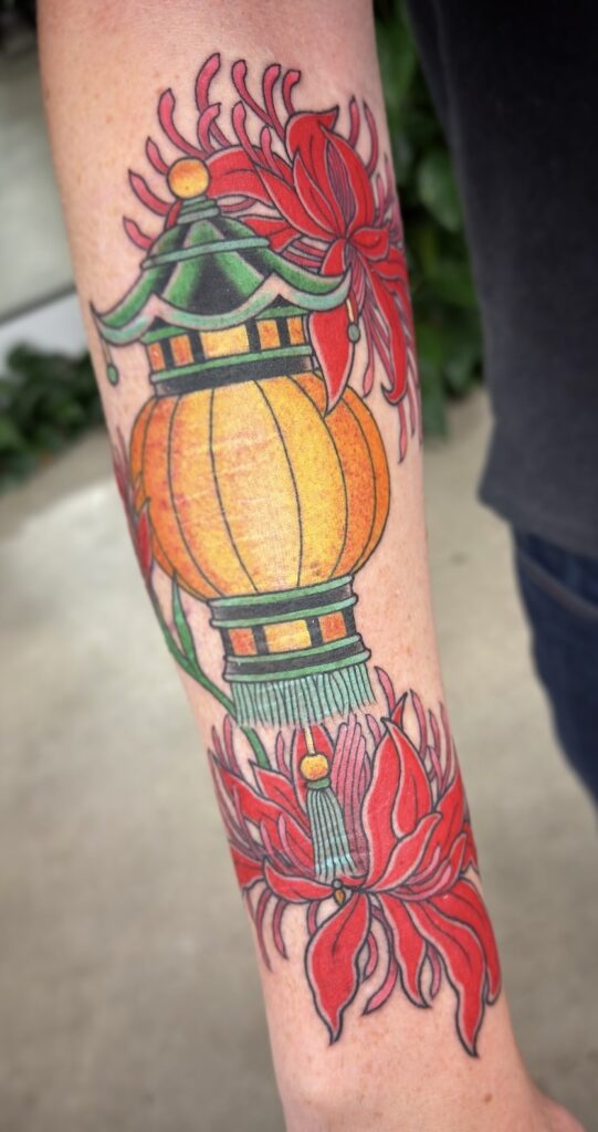 Japanese style lantern spider mums tattoo bright color