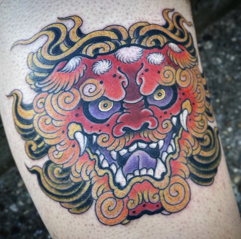 Japanese style foo dog tattoo red color