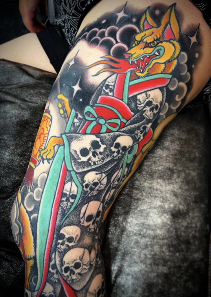 Japanese style kitsune tattoo bright color skulls