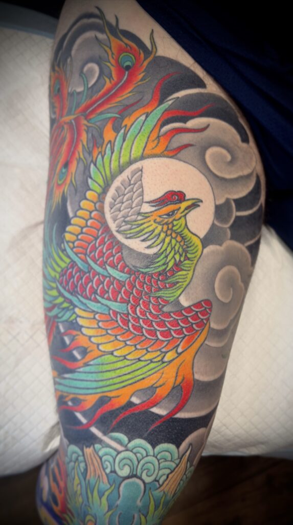 Japanese style phoenix tattoo bright color traditional background