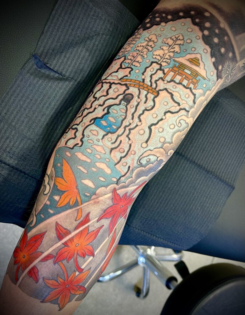 Traditional Japanese tattoo winter snow background color