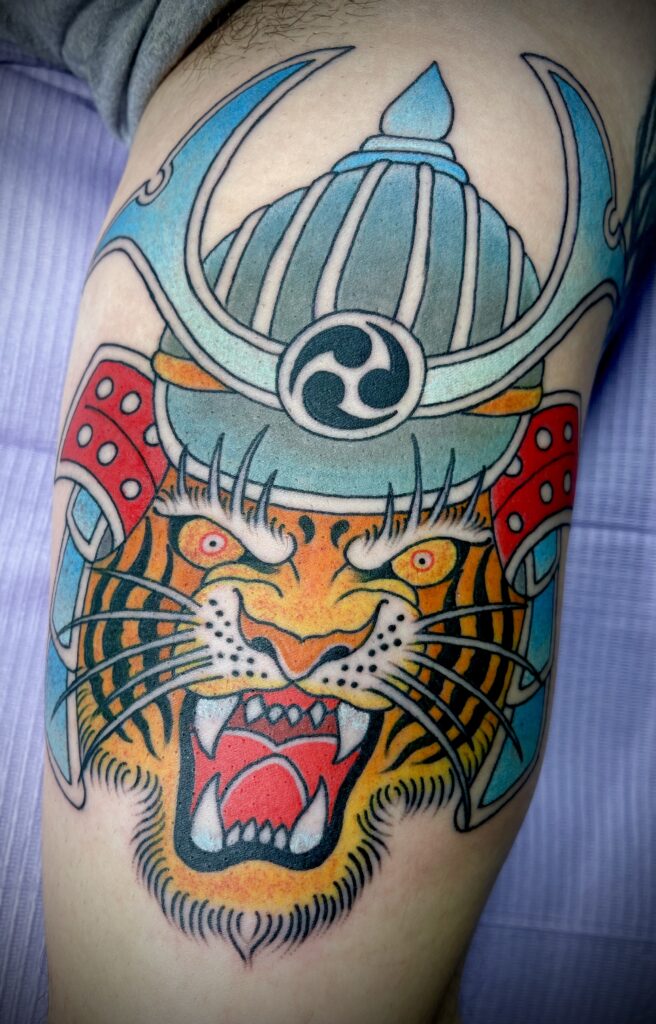 Japanese style tiger samurai tattoo helmet color