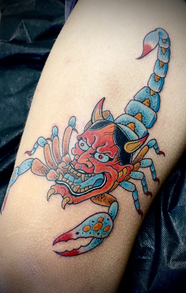 Japanese style scorpion hannya demon tattoo color