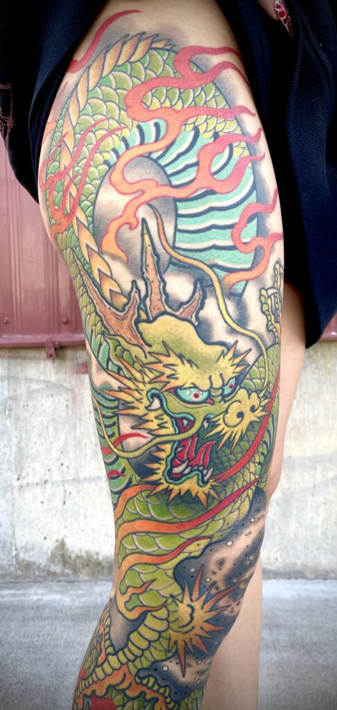 Japanese style dragon full leg tattoo bright color